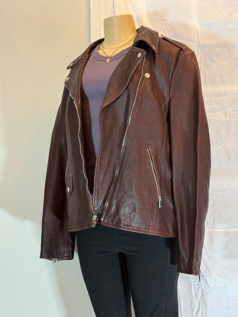 Black Rivet Dark Wine Fitted Cropped Leather Jacket Women's XL